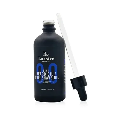Luxsive 2 in 1 Beard Oil and Pre-Shave Oil bottle with dropper