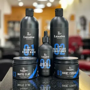 Luxsive men's grooming product lineup — shampoo, conditioner, pomade, clay and beard oil